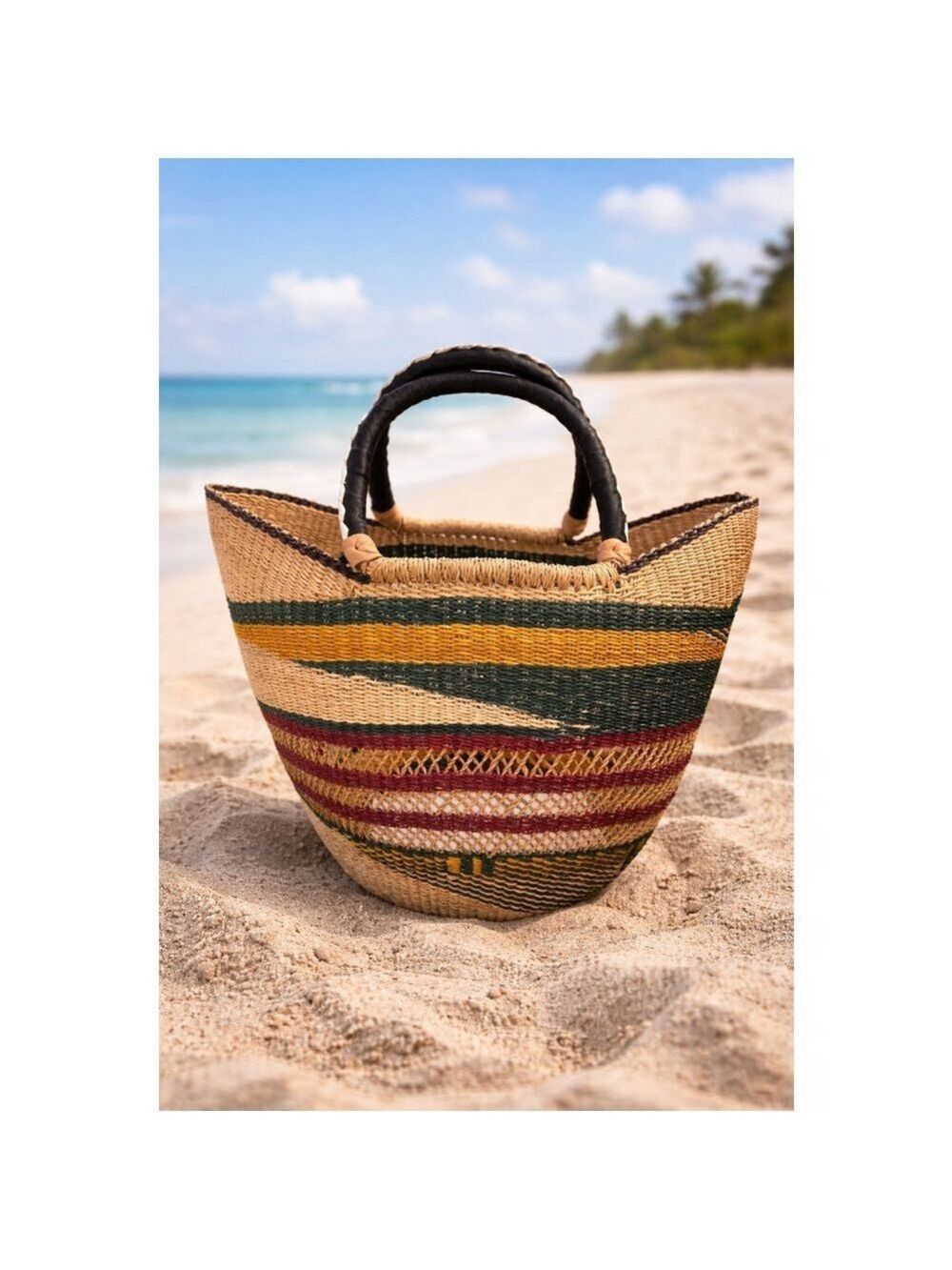 Authentic Ghana Bolga Basket Bag Handwoven Market Tote Leather Handle Large